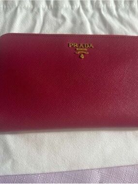 Prada Saffiano Leather Zip Wallet in Deep Raspberry